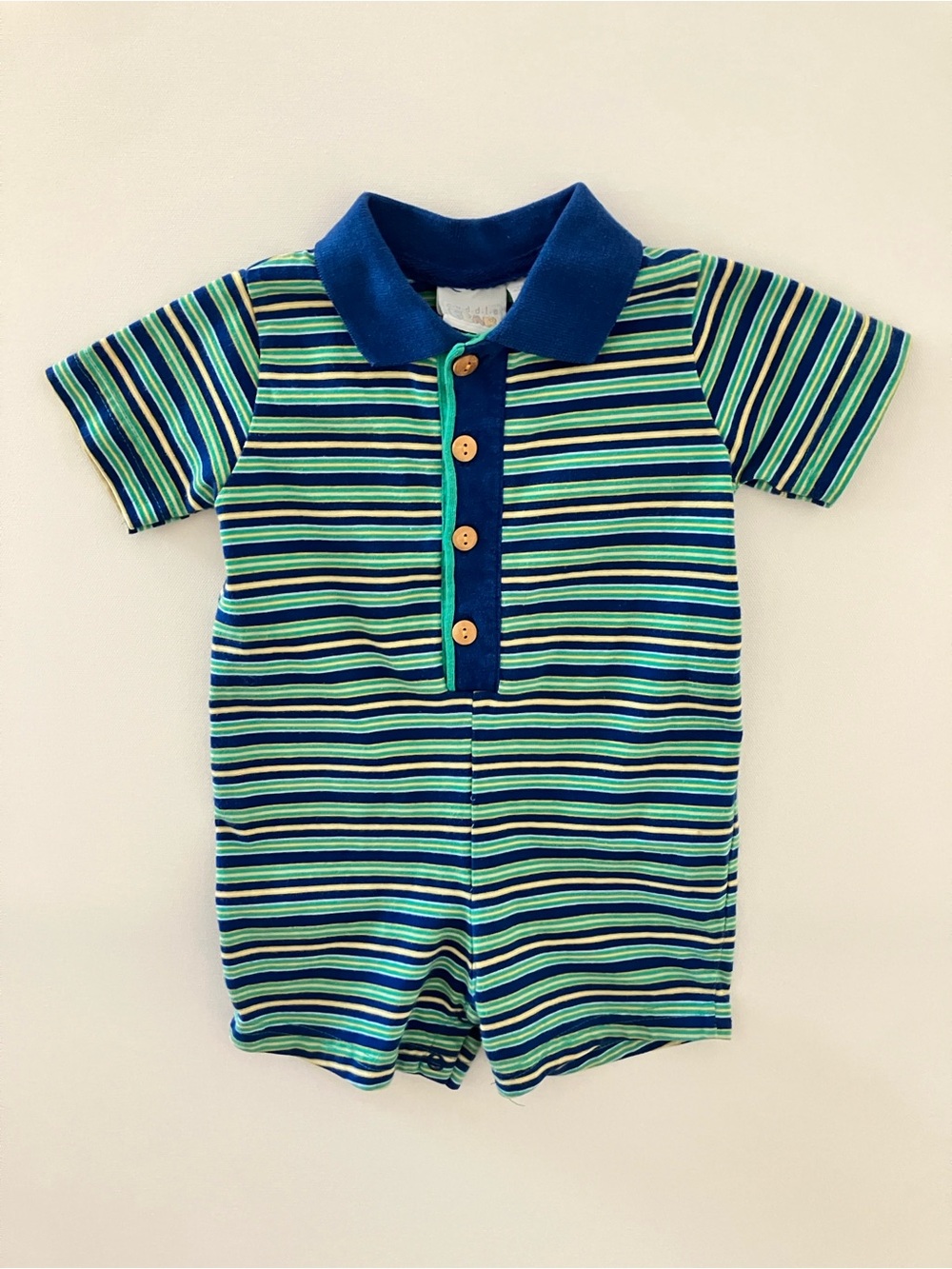 Vintage Cuddle Bear 12m Striped Baby Polo Romper Blue & Green